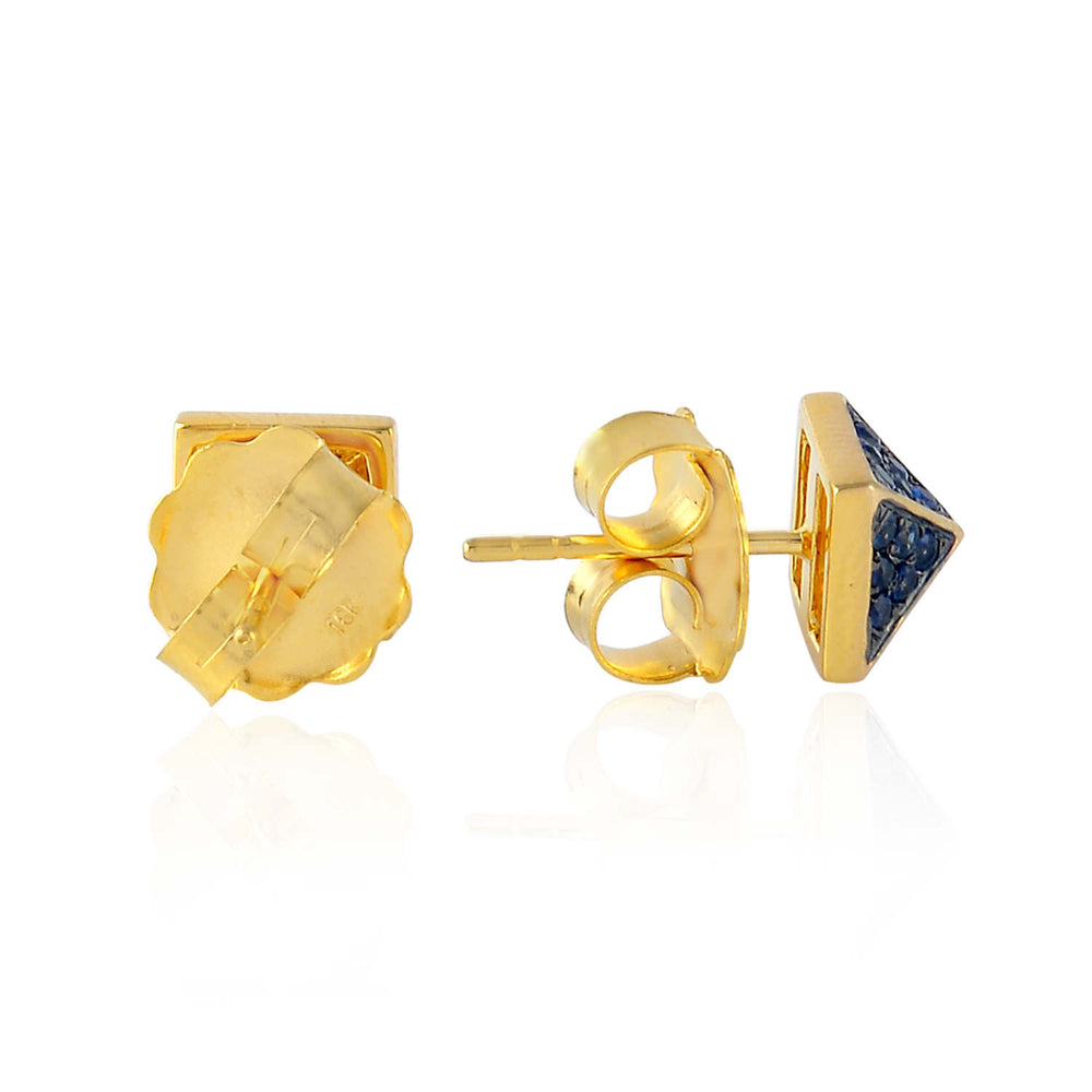 18K Yellow Gold Pyramid Stud Earrings with Pave Blue Sapphire