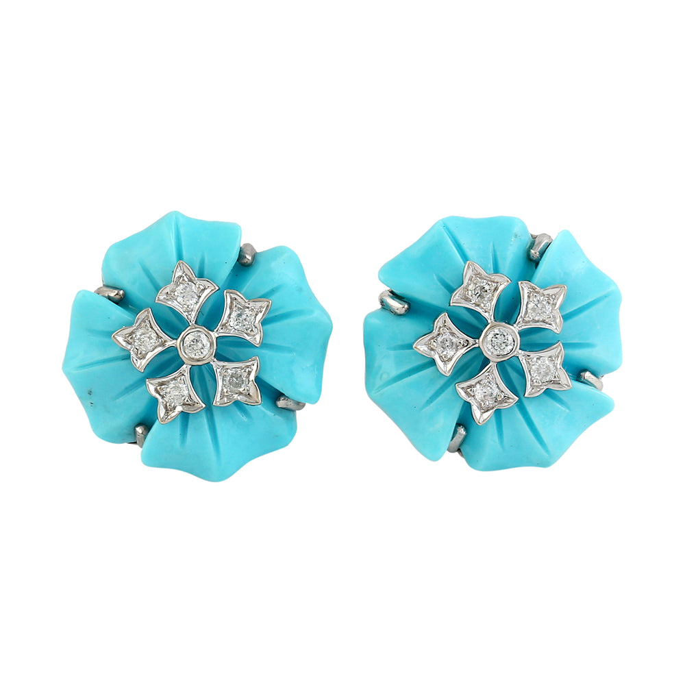 18k White Gold Flower Carving Turquoise Stud Earrings Diamond Jewelry