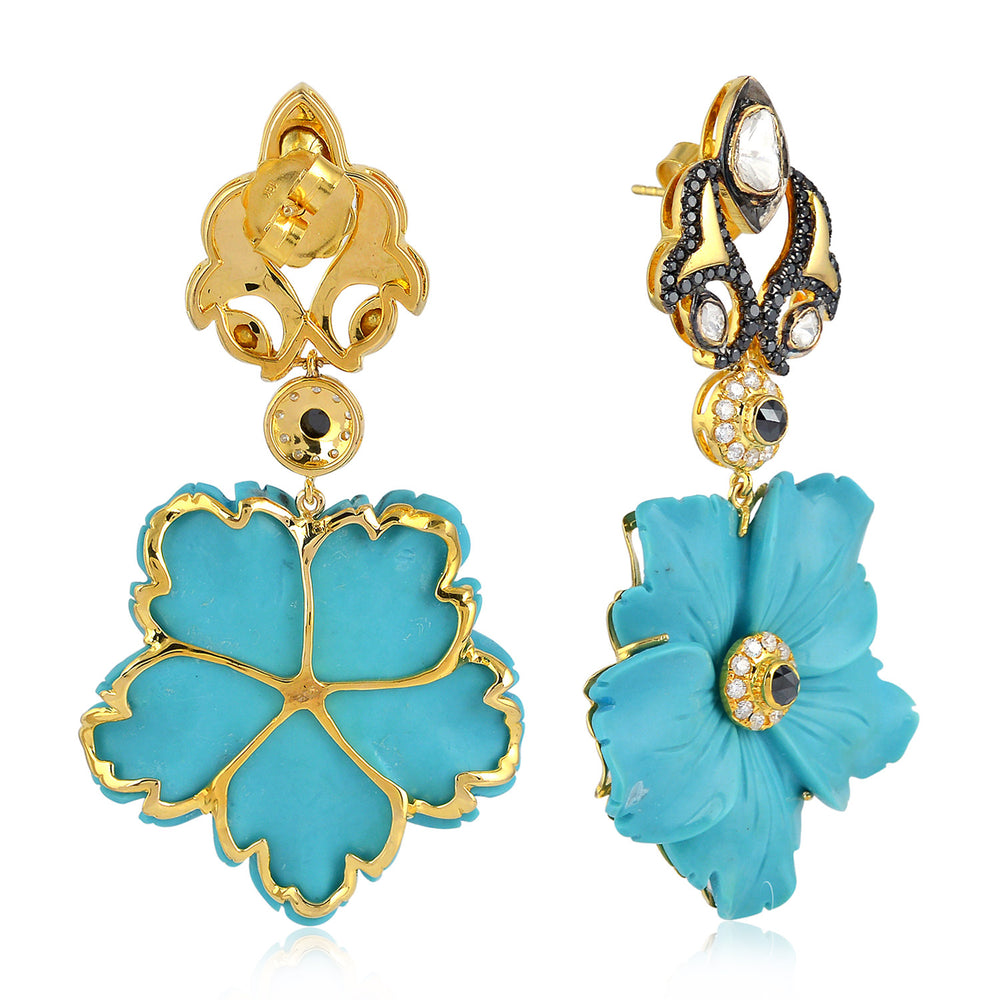 Carved Turquoise Floral Drop Earrings with Black & White Diamonds in 18K Yellow Gold