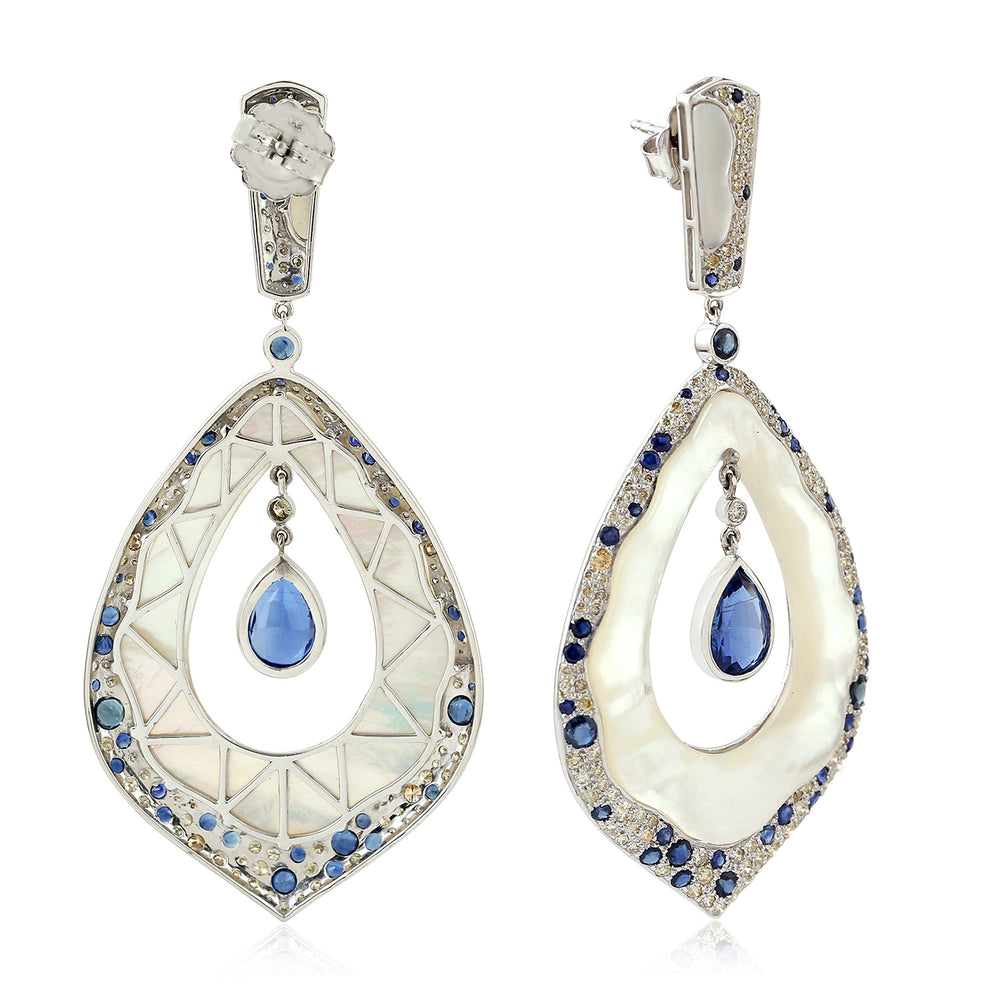 Fancy Cut MOP Bezel Blue Sapphire Kyanite Pave Diamond Dangler In 18K White Gold