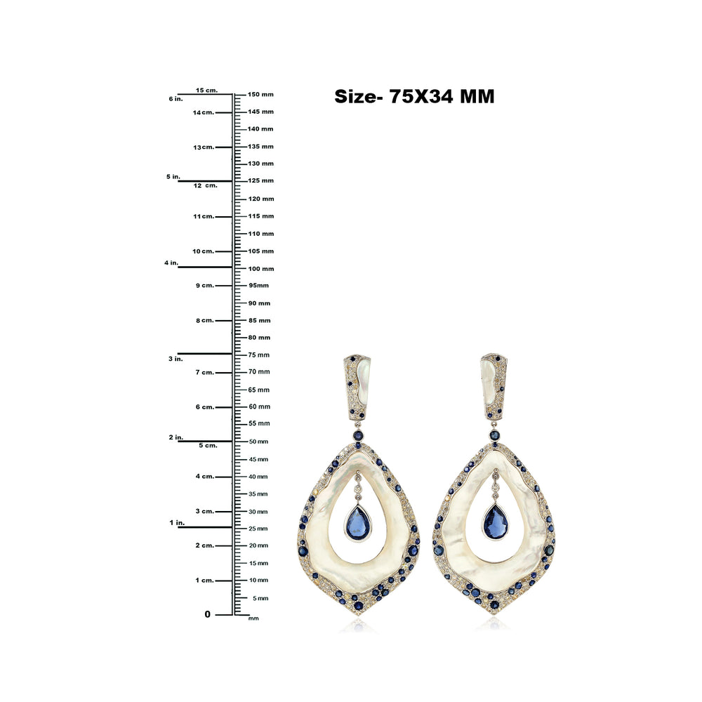 Fancy Cut MOP Bezel Blue Sapphire Kyanite Pave Diamond Dangler In 18K White Gold