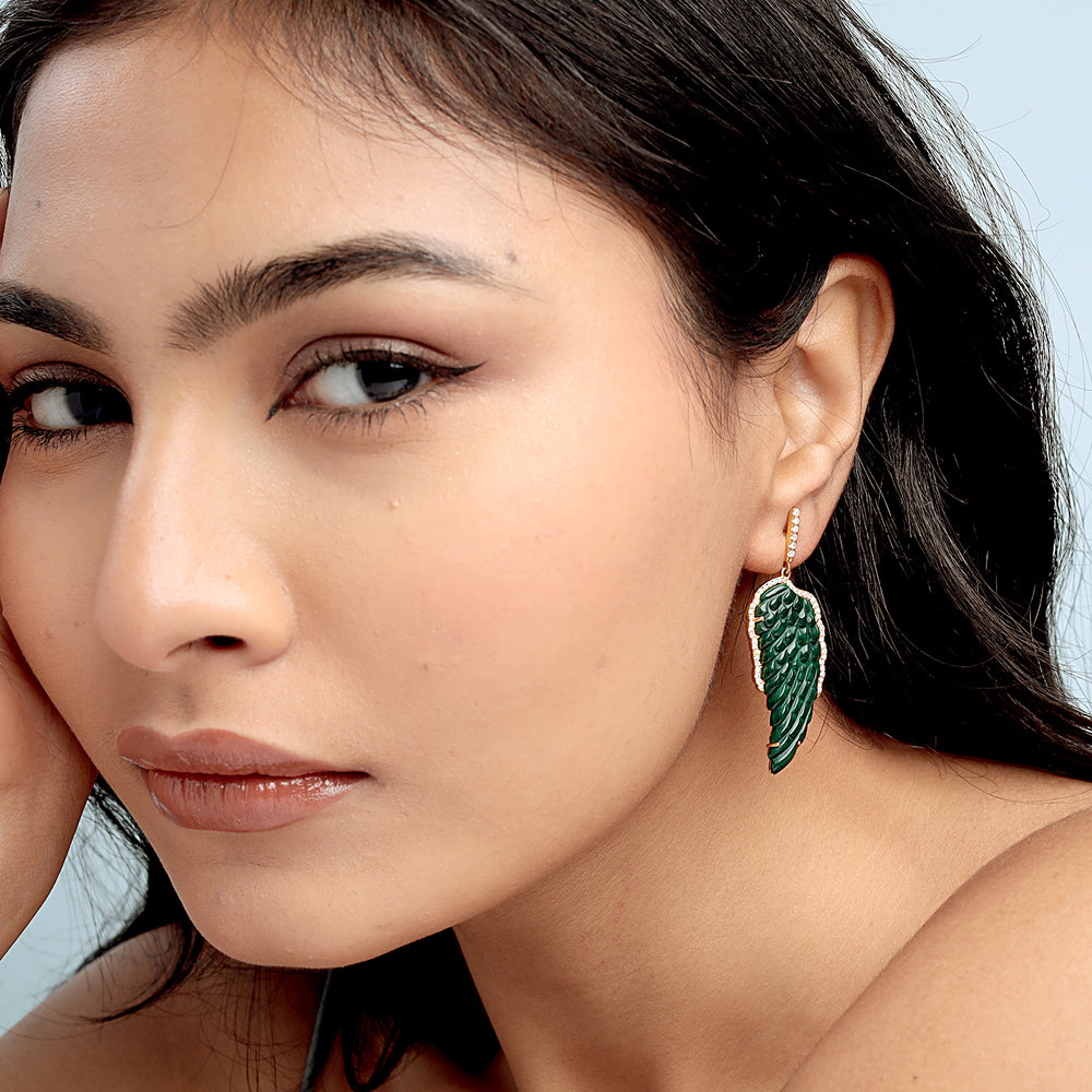 18K Yellow Gold Diamond & Carved Malachite Angel Wings Dangle Earrings