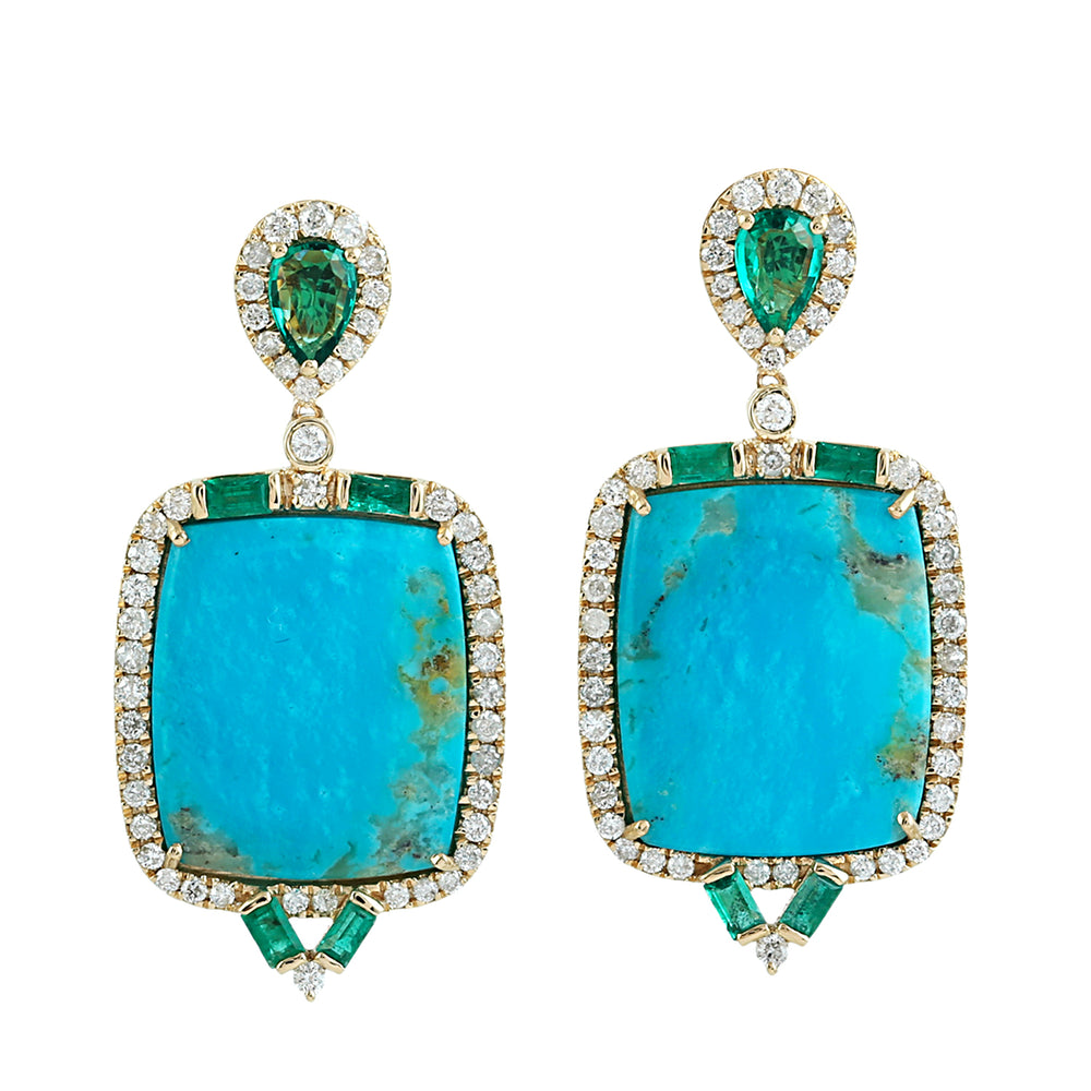 Turquoise, Emerald & Diamond Drop Earrings in 18K Yellow Gold
