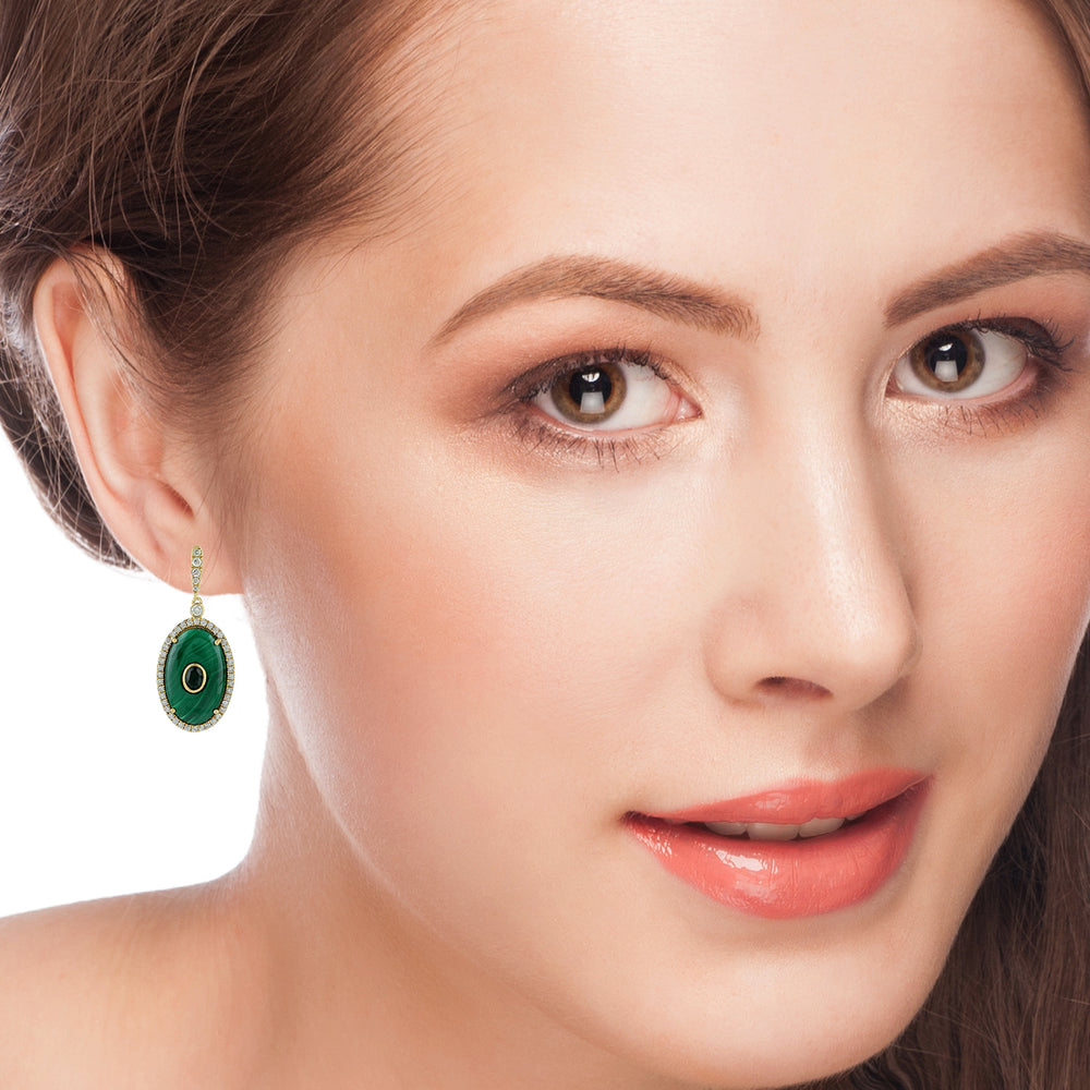 Oval Cut Malachite Bezel Spinel Gemstone Pave Diamond Oval Dangler In Yellow Gold
