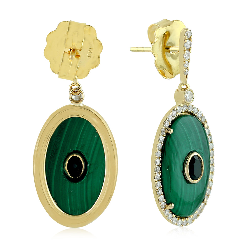 Oval Cut Malachite Bezel Spinel Gemstone Pave Diamond Oval Dangler In Yellow Gold