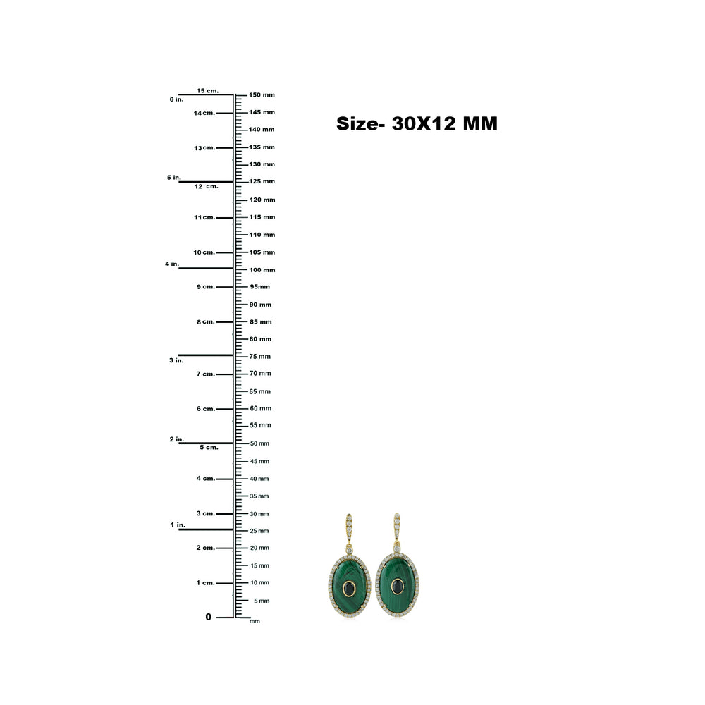 Oval Cut Malachite Bezel Spinel Gemstone Pave Diamond Oval Dangler In Yellow Gold