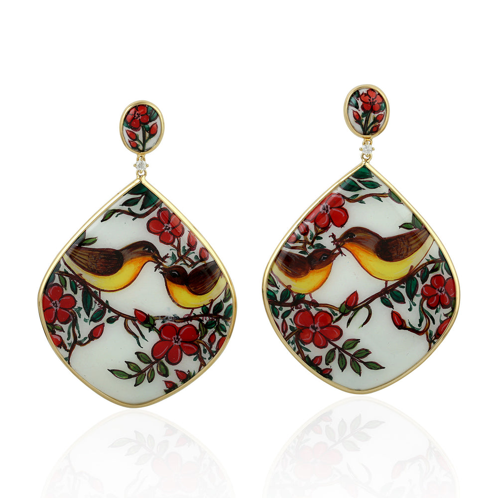 MOP & Hand-Painted Enamel Bird & Floral Drop Earrings in 18K Yellow Gold