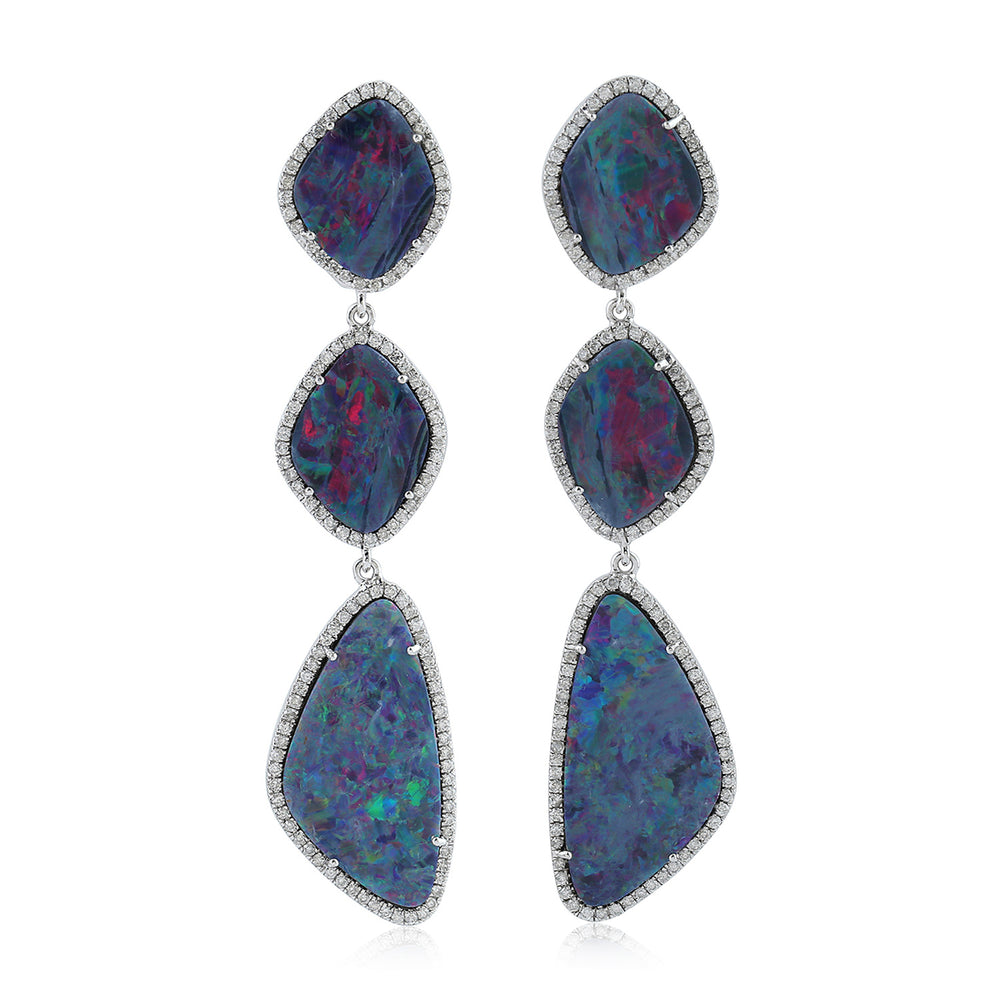 Opal Triple-Drop Dangle Earrings with Diamond Halo in 10K White Gold