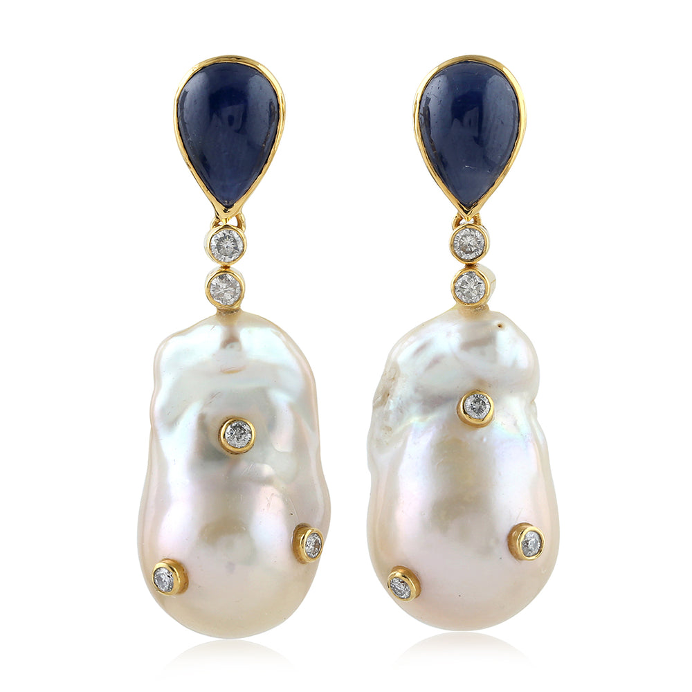 Pearl Chinese & Blue Sapphire Drop Earrings with Diamond Accents in 18K Yellow Gold