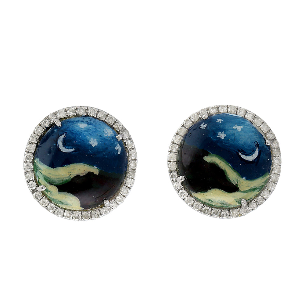 MOP & Diamond Halo Night Sky Enamel Stud Earrings in 18K White Gold