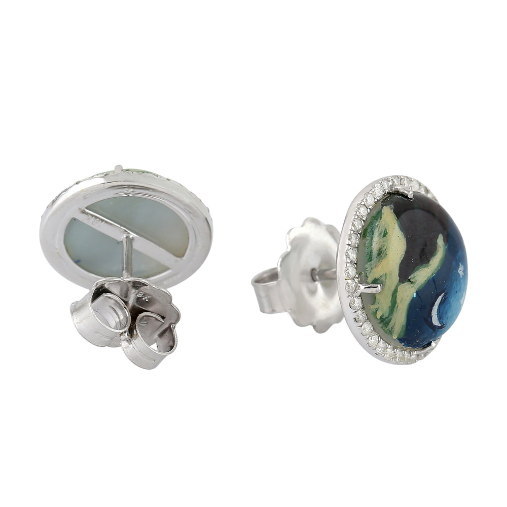 MOP & Diamond Halo Night Sky Enamel Stud Earrings in 18K White Gold