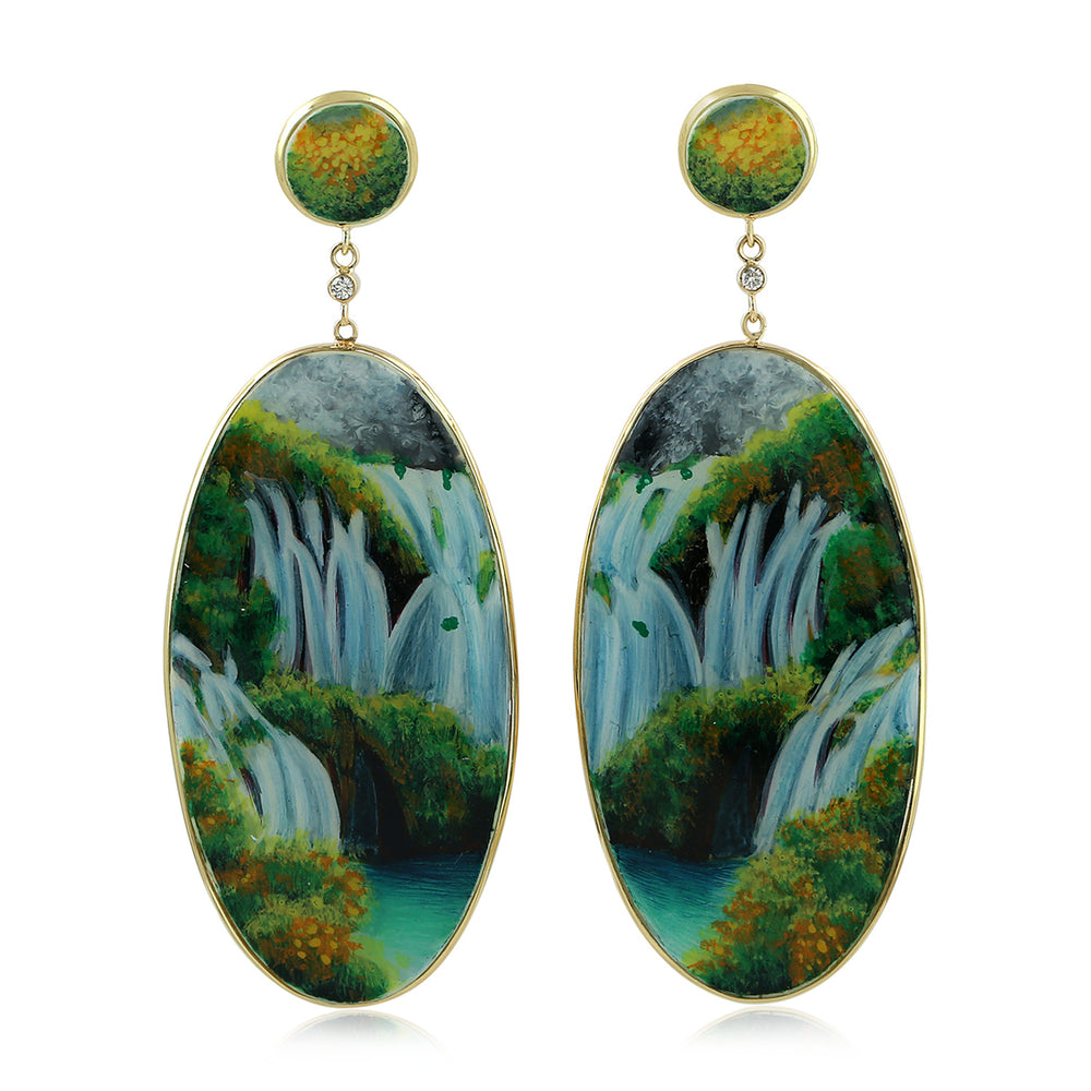 Waterfall Landscape Bakelite & Diamond Oval Drop Earrings in 18K Yellow Gold