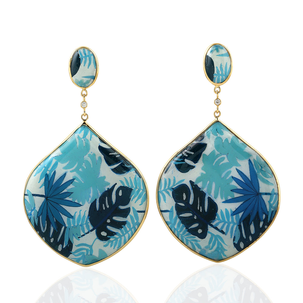 MOP Tropical Leaf Enamel Prong Diamond Drop Earrings in 18K Yellow Gold