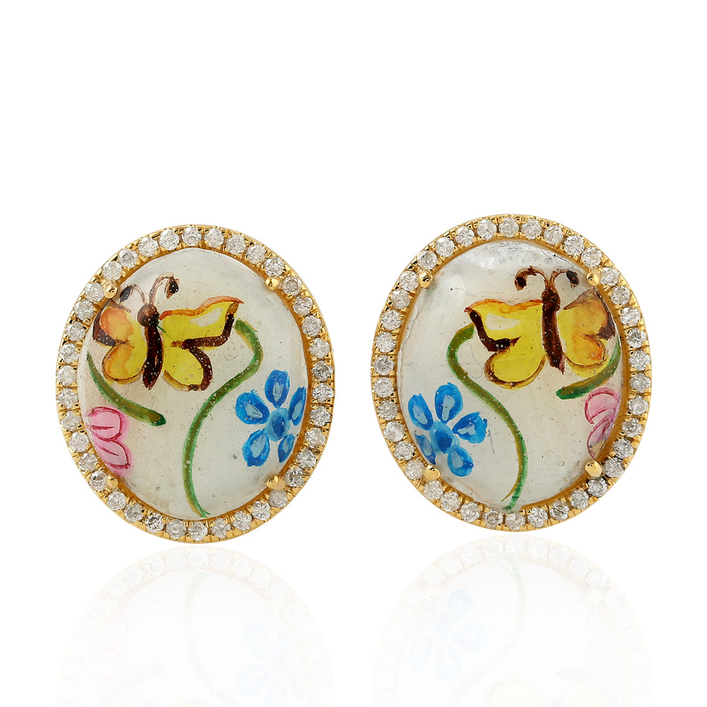 Oval Cut MOP Pave Diamond Picture Enamel Butterfly Stud Earrings In Yellow Gold