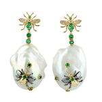 Natural Emerald Diamond Pearl Chinese Housefly Design Danglers In 18k Yellow Gold