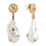 18k Yellow Gold Ruby Gemstone Diamond Pearl Flower Dangle Earrings Handmade Jewelry