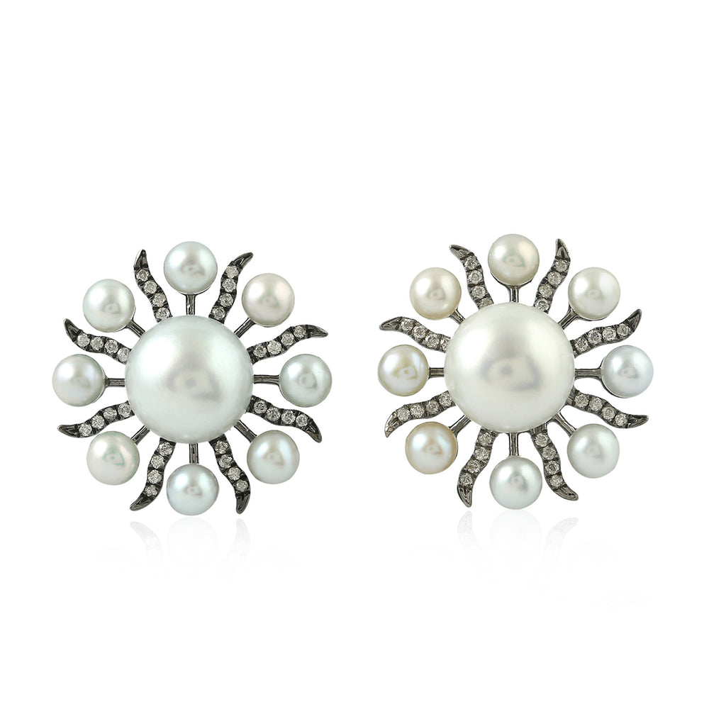 White Pearl & Diamond Sunburst Stud Earrings in 18K Oxidized Gold