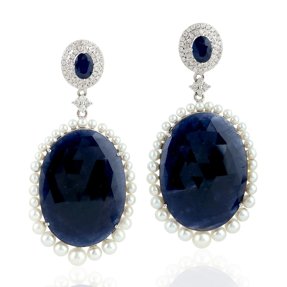 Natural Pearl Beads Blue Sapphire Beautiful Wedding Danglers In 18k Gold