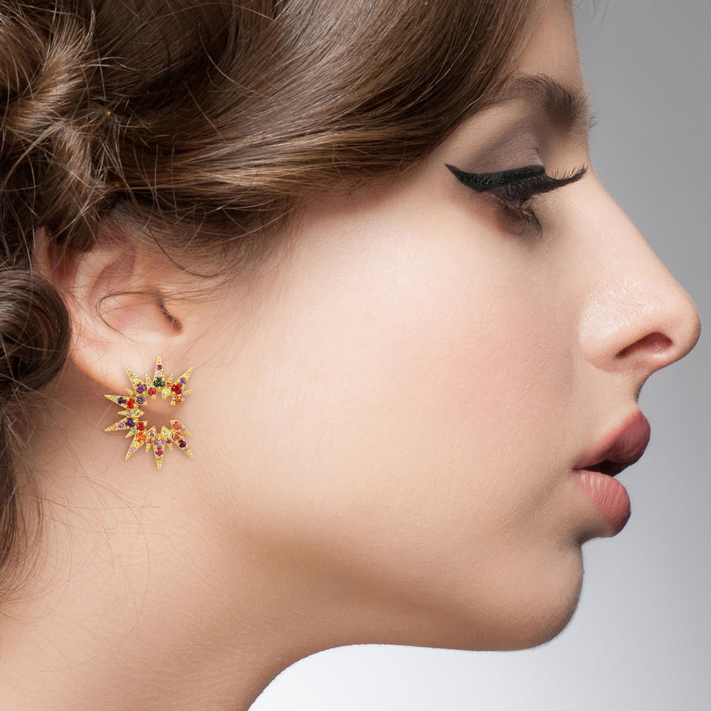 18K Yellow Gold Pave Multi Sapphire Gemstone Star Stud Earrings