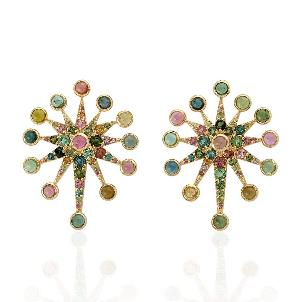 Multi Tourmaline Star Burst Beautiful Stud Earrings in 18k Yellow Gold