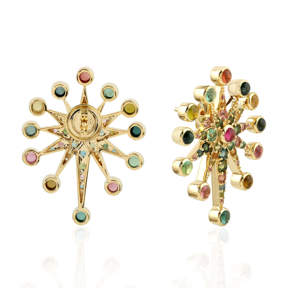 Multi Tourmaline Star Burst Beautiful Stud Earrings in 18k Yellow Gold