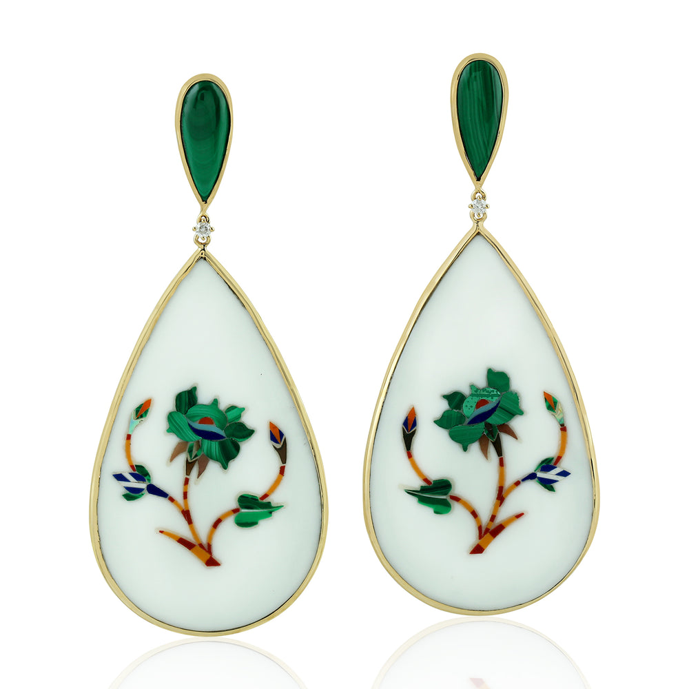 Malachite & Multicolor Floral Pietra Diamond Teardrop Earrings in 18K Yellow Gold