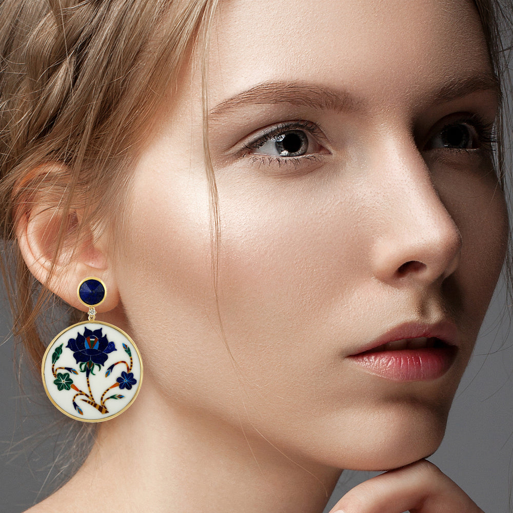 Lapis & Diamond Floral Bakelite Drop Earrings in 18K Yellow Gold