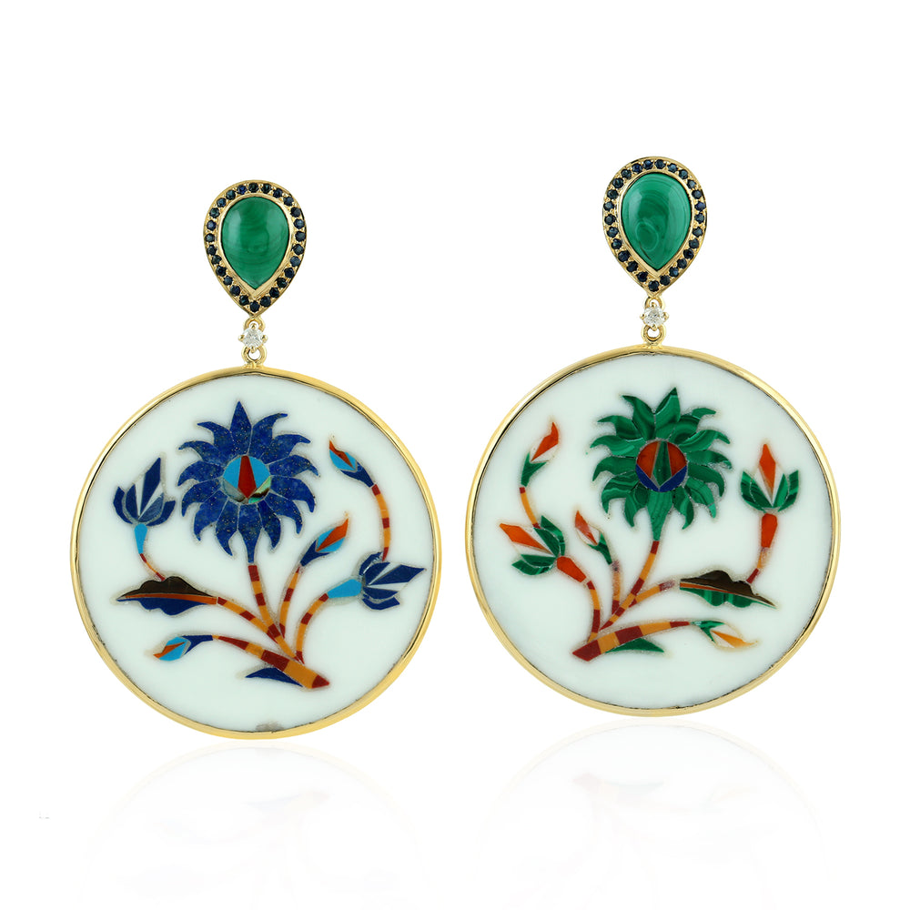 Malachite, Sapphire & Floral Bakelite Prong Diamond Drop Earrings in 18K Yellow Gold