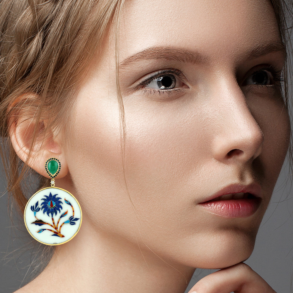 Malachite, Sapphire & Floral Bakelite Prong Diamond Drop Earrings in 18K Yellow Gold