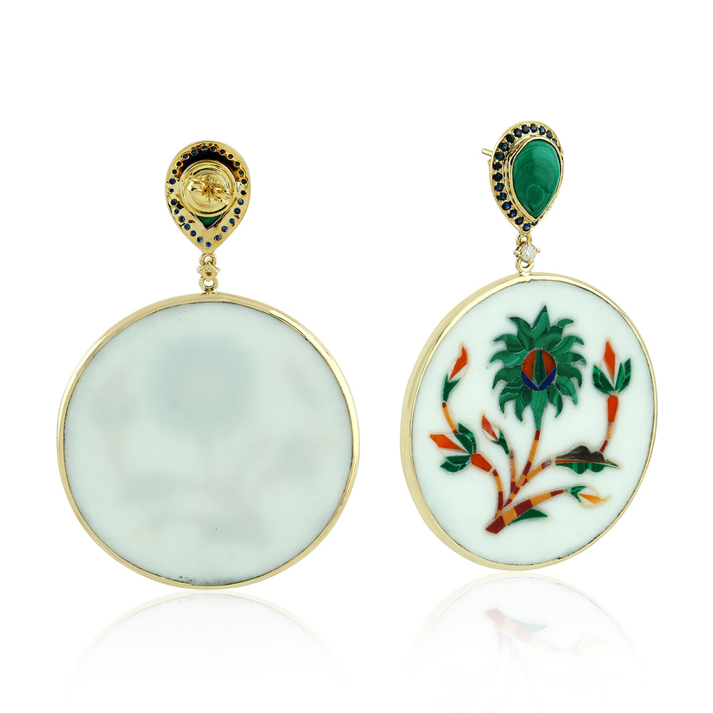 Malachite, Sapphire & Floral Bakelite Prong Diamond Drop Earrings in 18K Yellow Gold