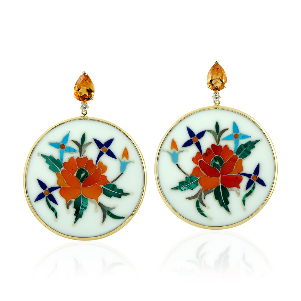 Citrine & Diamond Floral Inlay Bakelite Round Drop Earrings in 18K Yellow Gold
