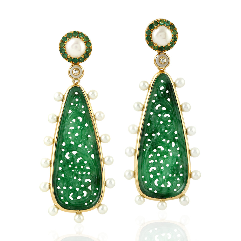 Jade Carved Drop Earrings with Pearl & Emerald Halo Diamond in 18K Yellow Gold
