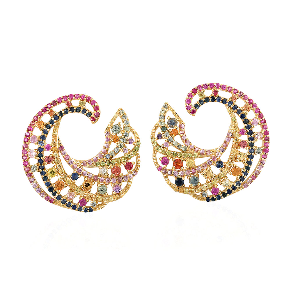 Pave Multi Sapphire Ocean Wave Designer Stud Earrings In 18k Yellow Gold