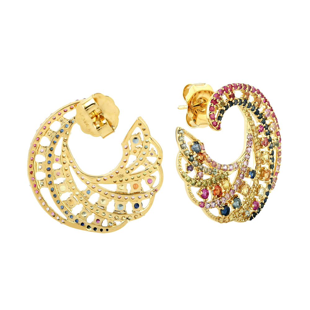 Pave Multi Sapphire Ocean Wave Designer Stud Earrings In 18k Yellow Gold