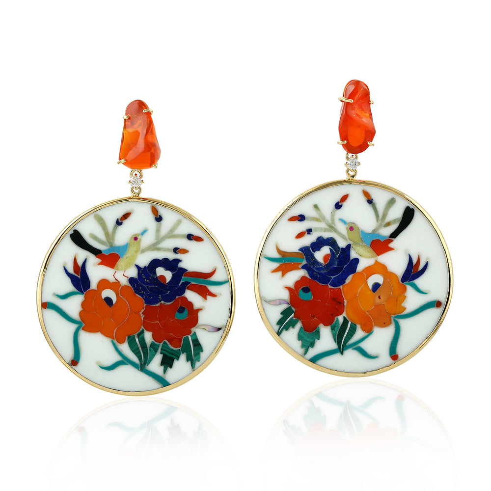 Fire Opal & Multicolor Floral Bird Prong Diamond Drop Earrings in 18K Yellow Gold