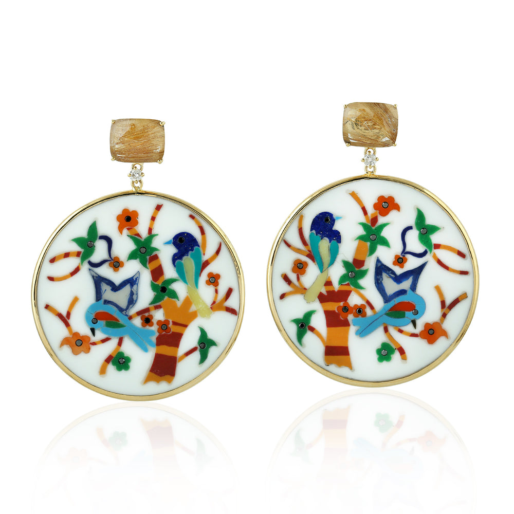 Bird & Floral Bakelite Drop Earrings with Rutile Quartz Diamond in 18K Yellow Gold