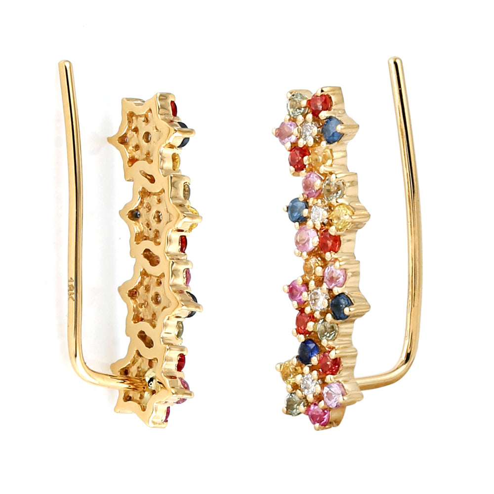 Multicolor Sapphire Prong Diamond Ear Climber Earrings In 18K Yellow Gold