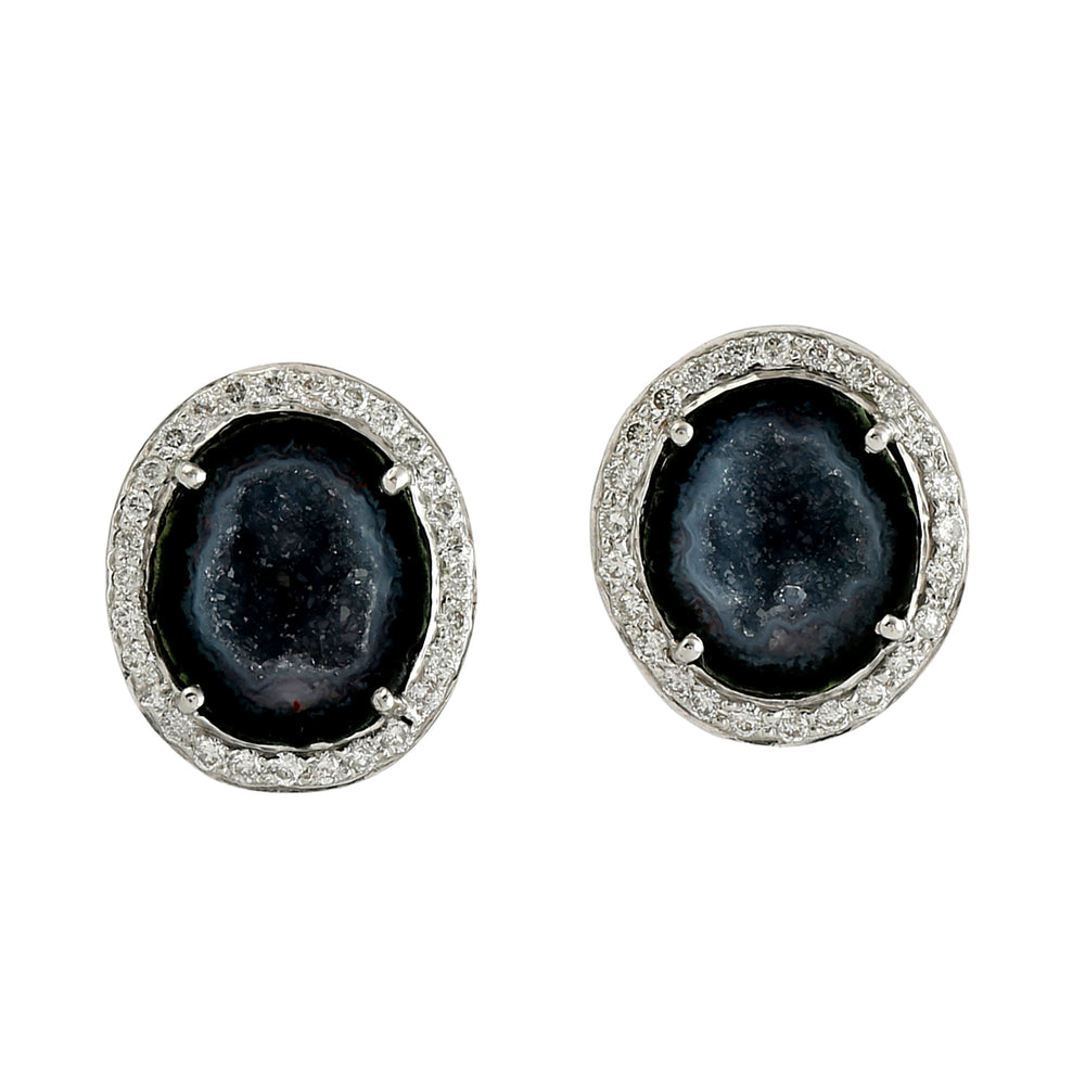 Black Geode & Diamond Halo Stud Earrings in 18K White Gold