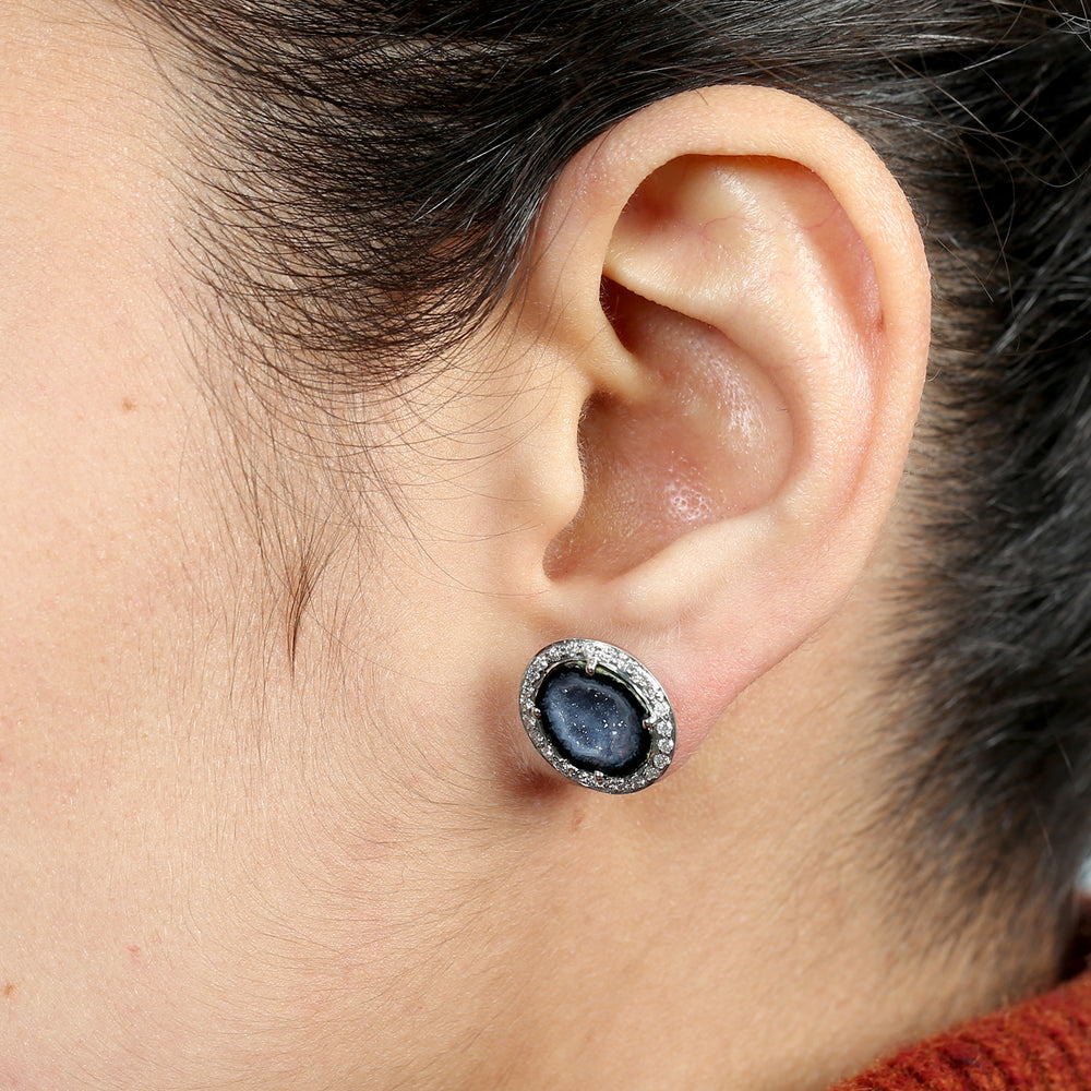 Black Geode & Diamond Halo Stud Earrings in 18K White Gold