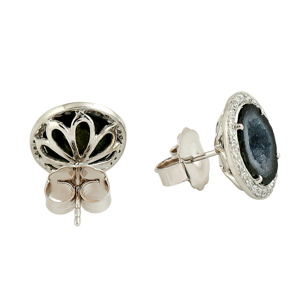 Black Geode & Diamond Halo Stud Earrings in 18K White Gold