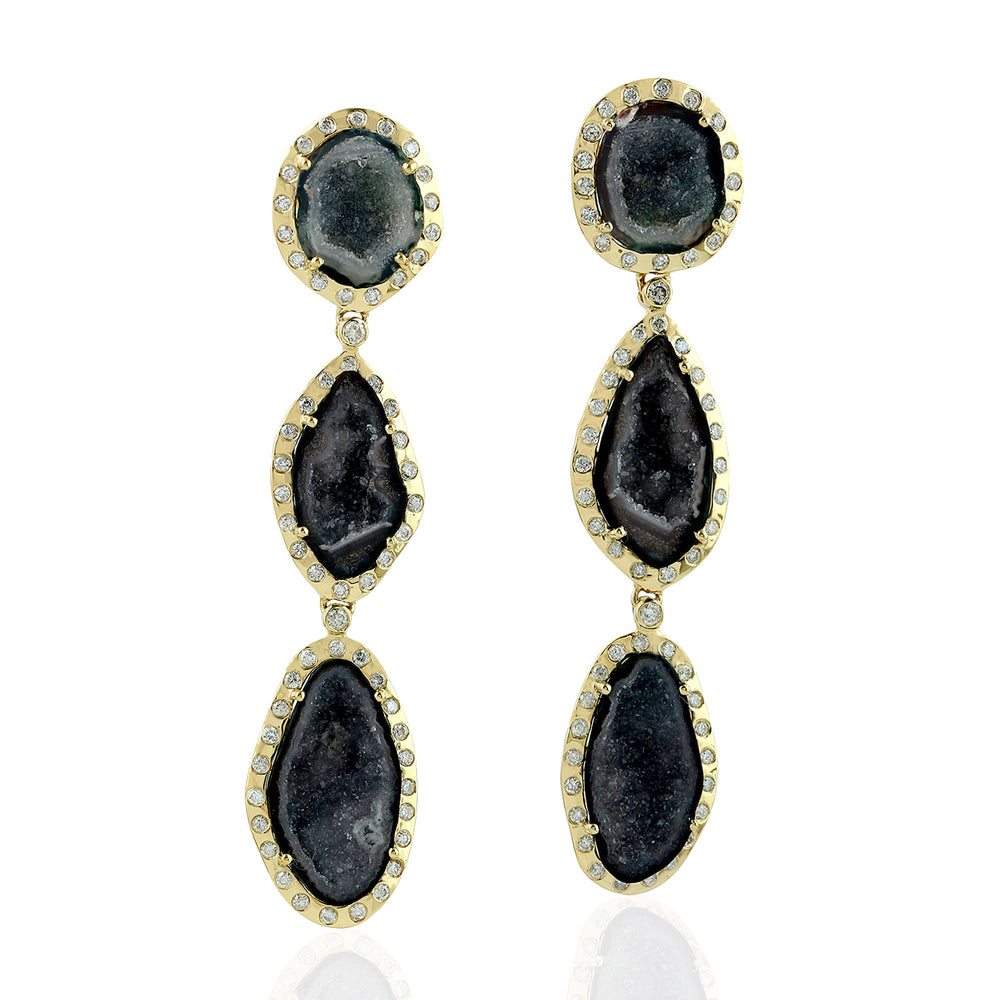 Black Geode Triple-Drop Diamond Halo Dangle Earrings in 18K Yellow Gold
