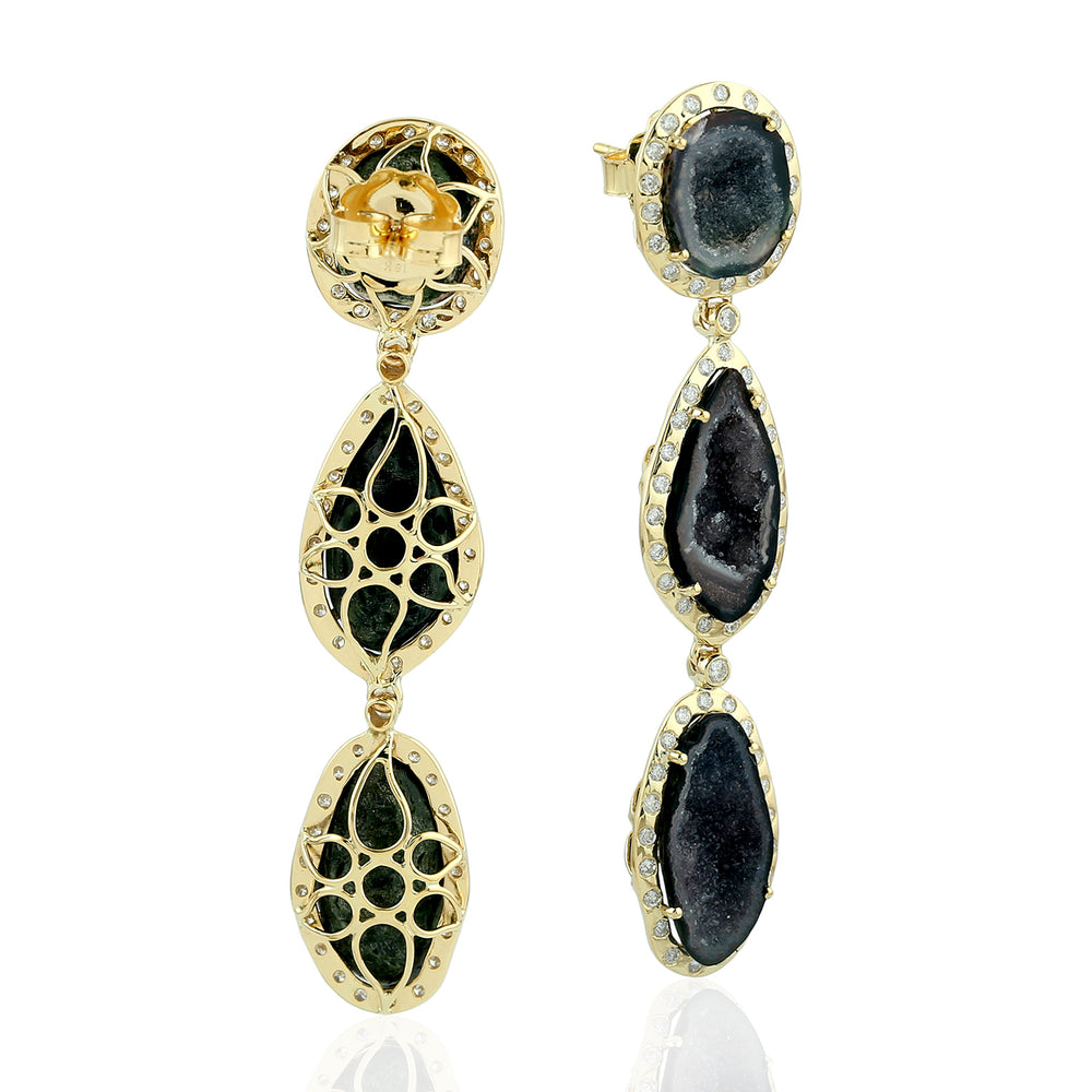 Black Geode Triple-Drop Diamond Halo Dangle Earrings in 18K Yellow Gold