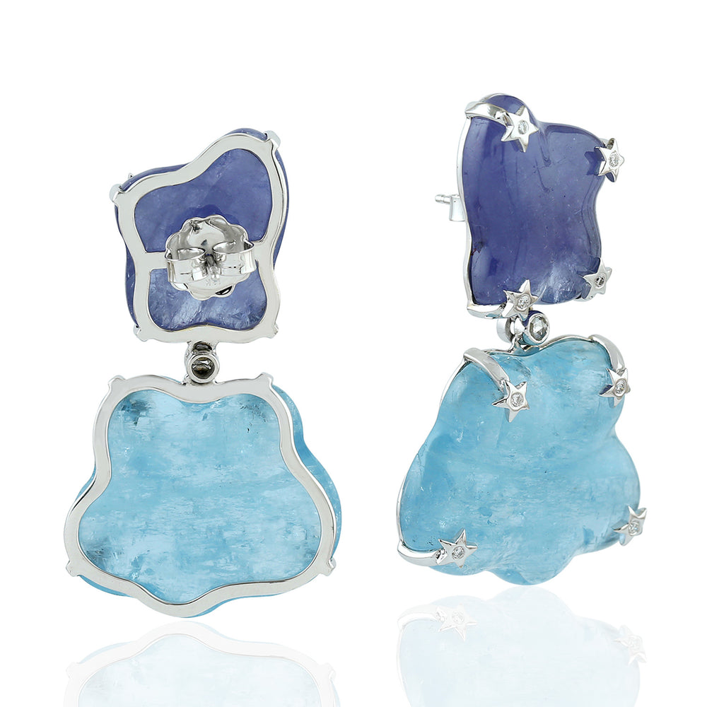 Two-Tone Carved Tanzanite & Aquamarine Star-Set Drop Earrings in 18K White Gold