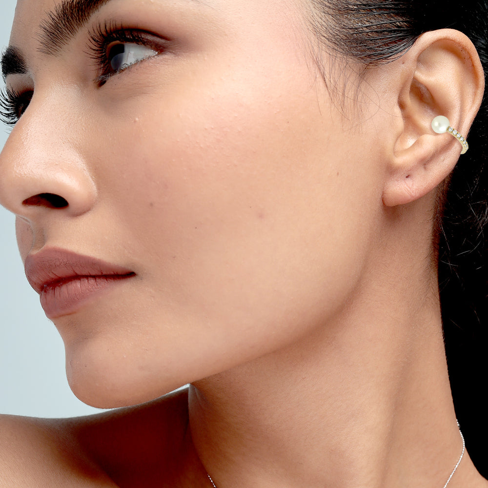 Pearl Pave Diamond Ball Ear Cuff Earrings Gifts In 14K Yellow Gold