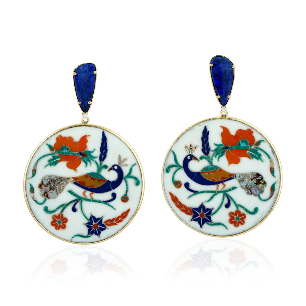 Peacock Bakelite Drop Earrings with Opal Prong Diamond in 18K Yellow Gold