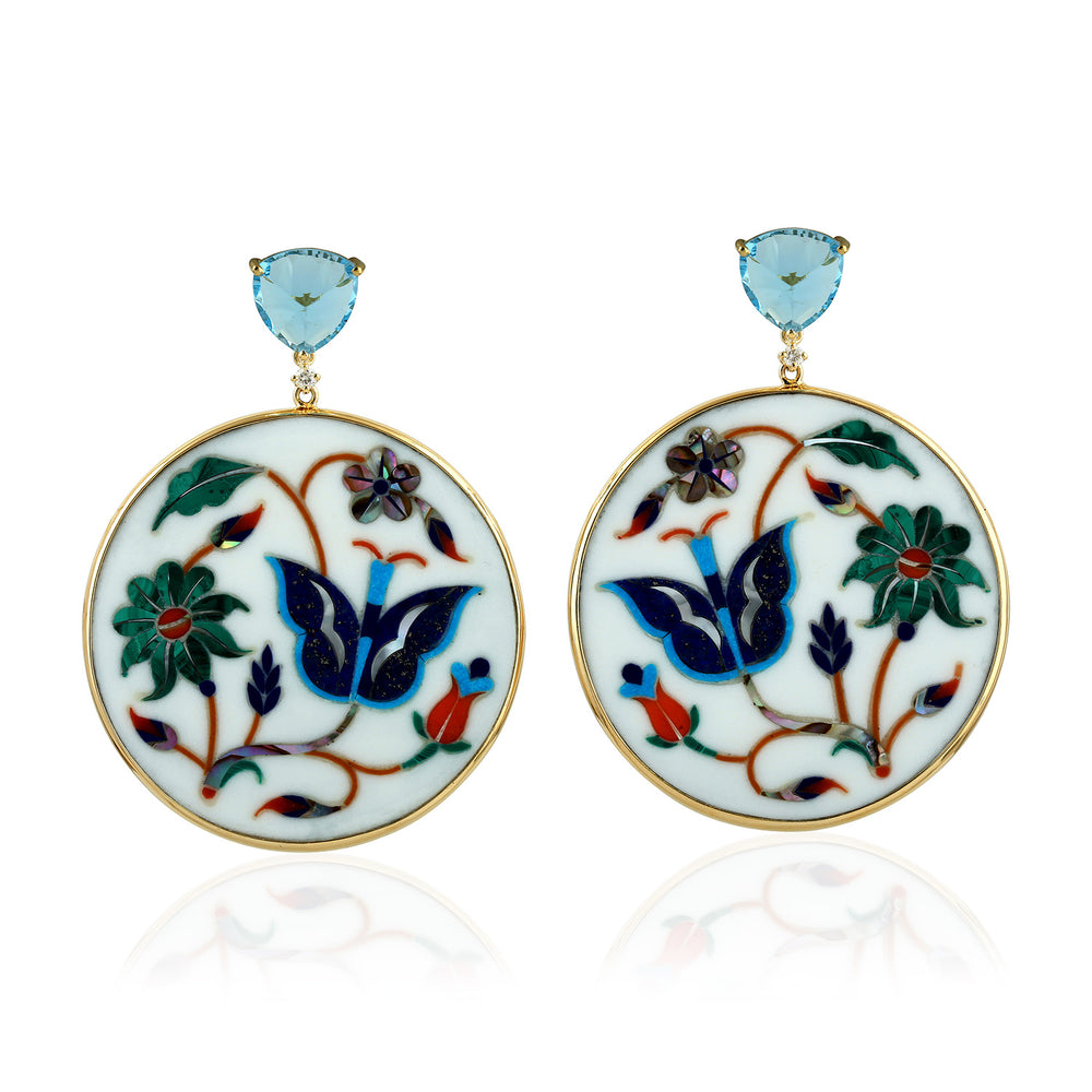 Blue Topaz & Multicolor Floral Bakelite Round Drop Earrings in 18K Yellow Gold