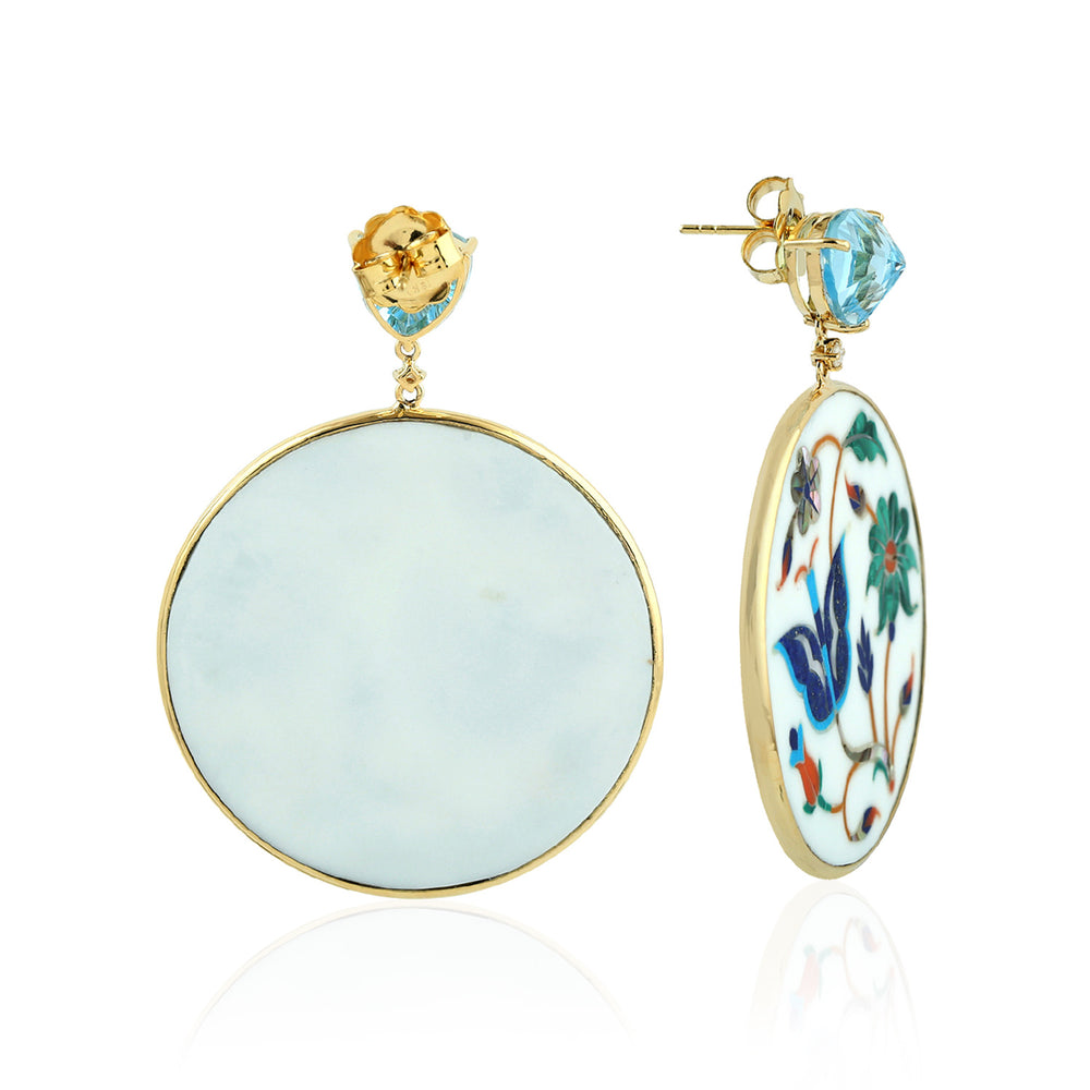 Blue Topaz & Multicolor Floral Bakelite Round Drop Earrings in 18K Yellow Gold