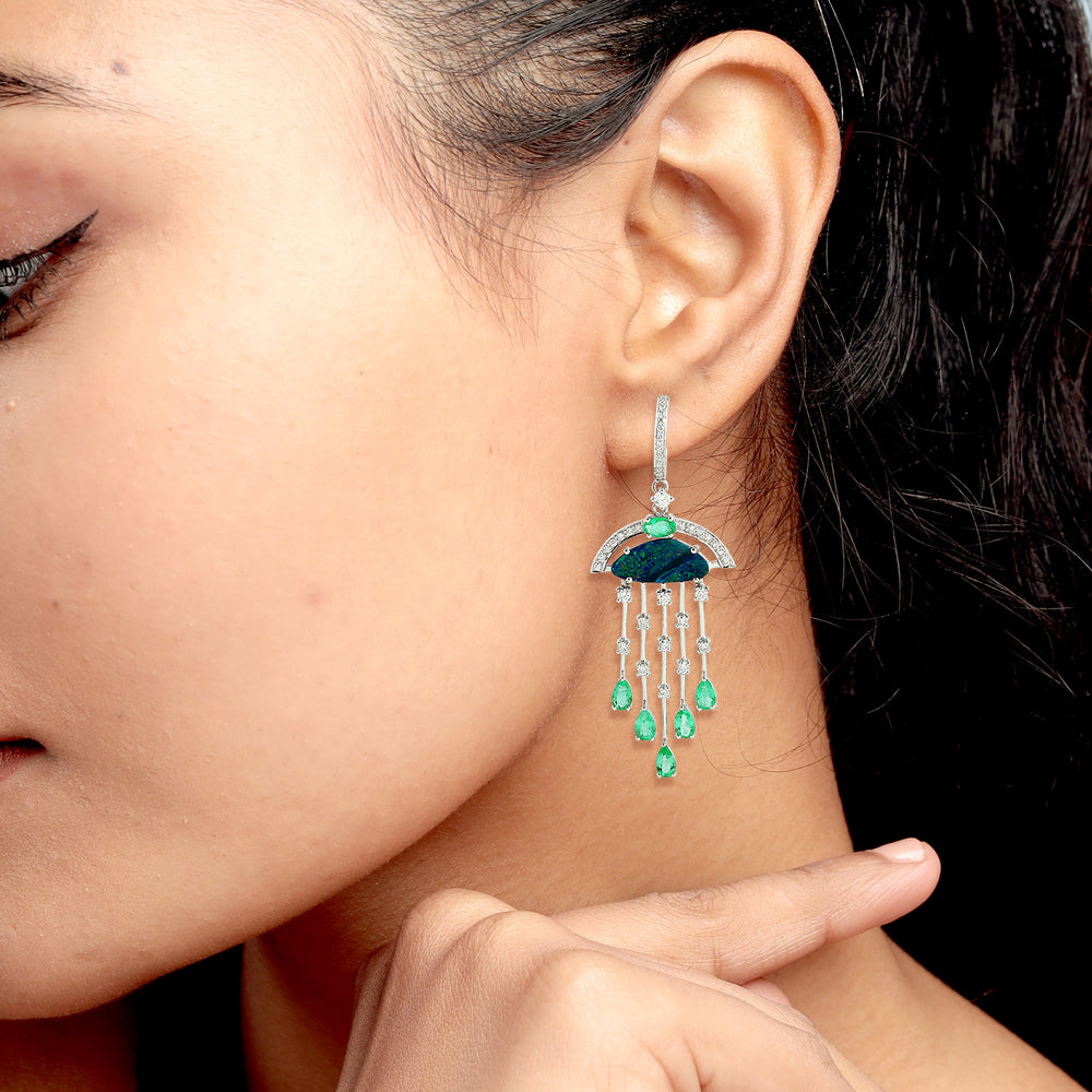 Australian Opal & Emerald Art Deco Diamond Chandelier Earrings in 18K White Gold
