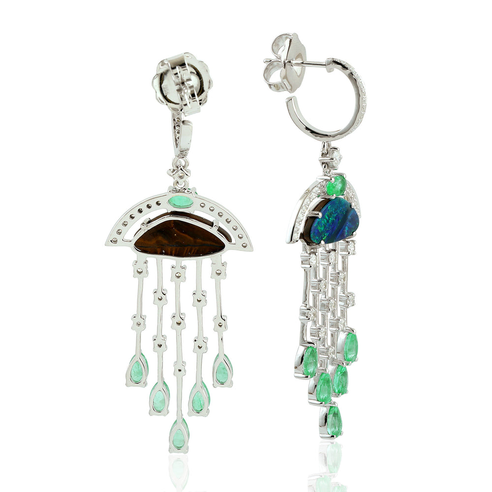 Australian Opal & Emerald Art Deco Diamond Chandelier Earrings in 18K White Gold