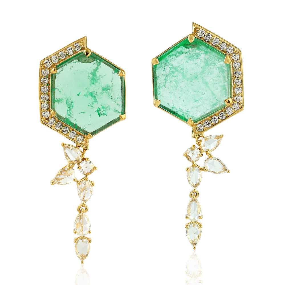 Hexagon Emerald & Diamond Floral Cascade Drop Earrings in 18K Yellow Gold
